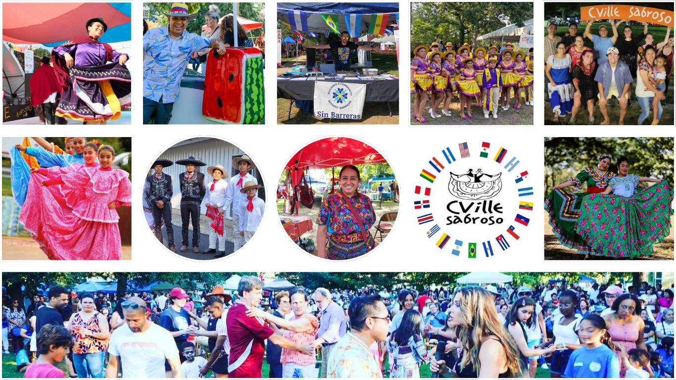 A collage of photos from various Cville Sabroso festivals that includes vendors, performers, volunteers, and attendees.